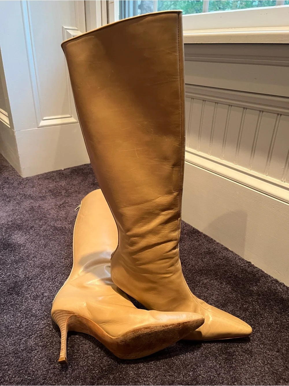 Manolo Blahnik Camel Pointed-Toe Over-the-Knee Leather Boots
